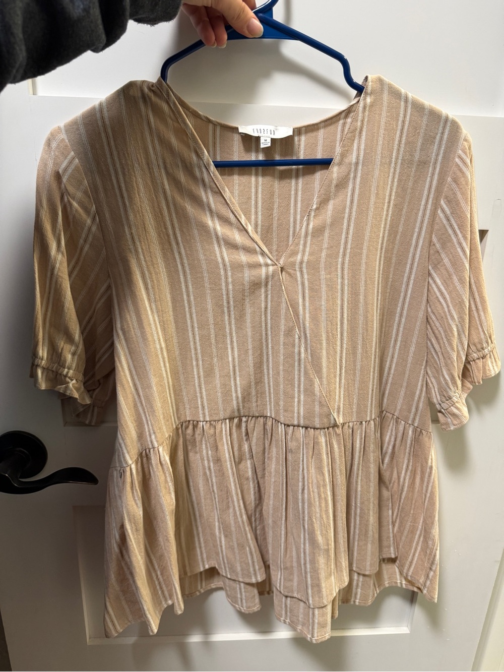 Vero Moda Taupe and White Striped Peplum V-Neck Top